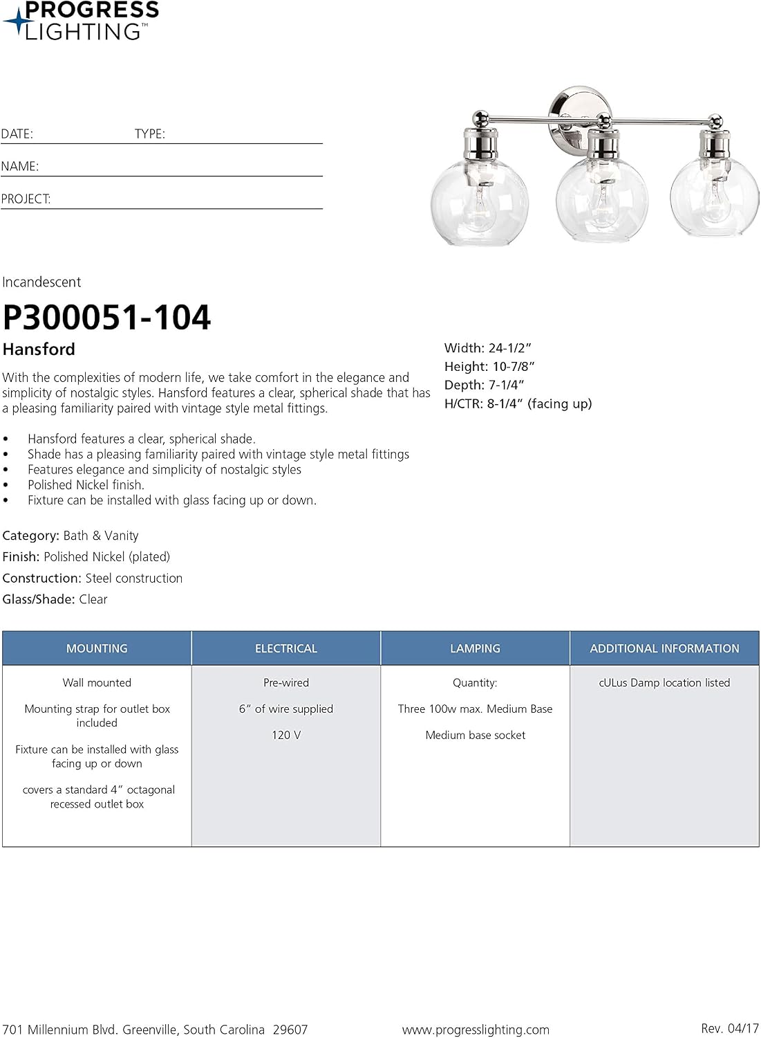Hansford Collection 3-Light Clear Glass Coastal Bath Vanity Light Polished Nickel