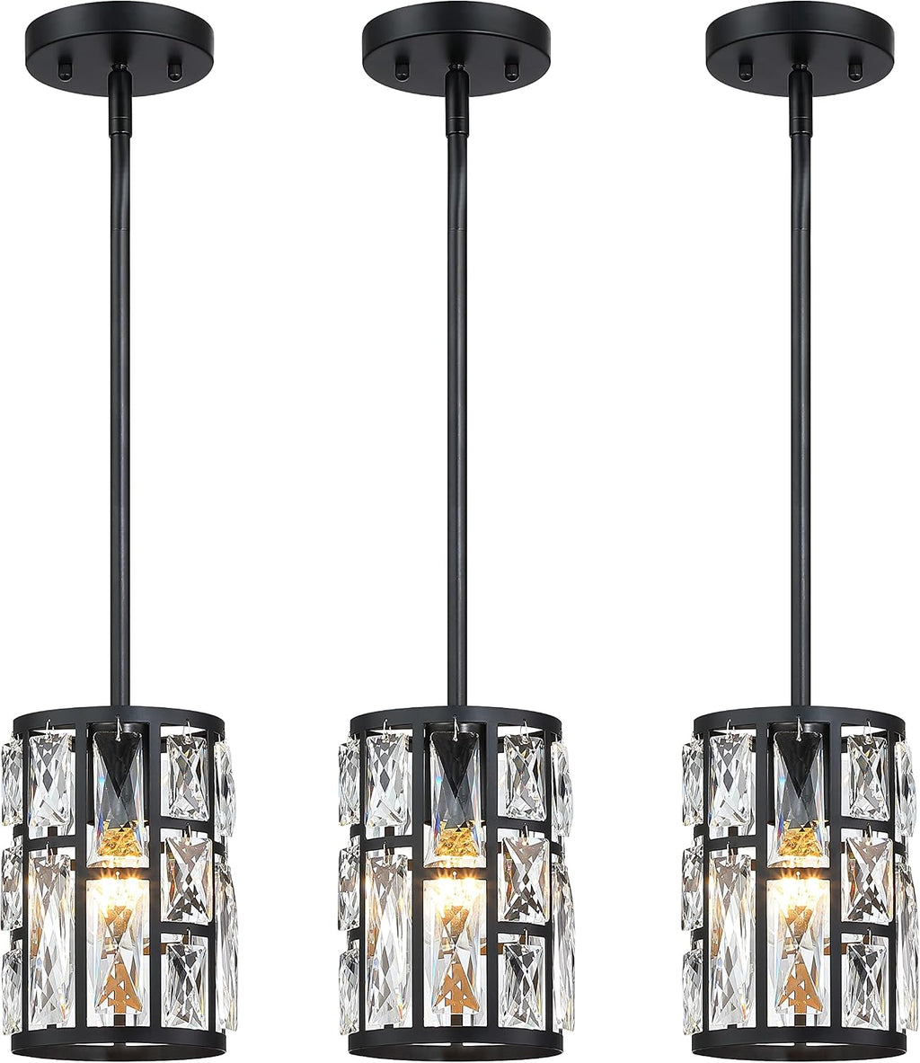 MEXO Modern Crystal Pendant Light Fixture 3-Pack Matte Black Finish Hanging Lighting Crystal Chandelier for Living Room, Kitchen, Hallway