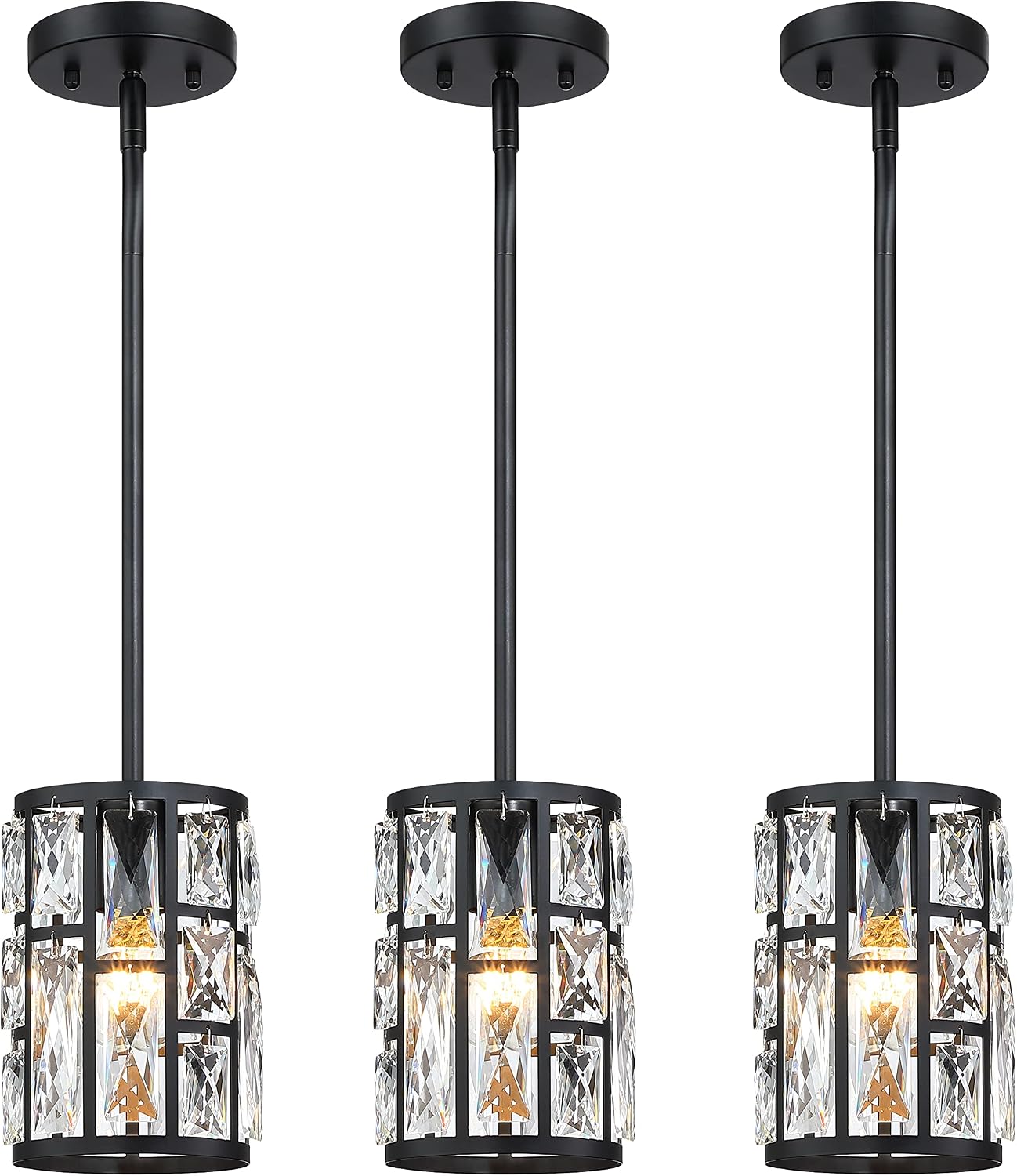 MEXO Modern Crystal Pendant Light Fixture 3-Pack Matte Black Finish Hanging Lighting Crystal Chandelier for Living Room, Kitchen, Hallway