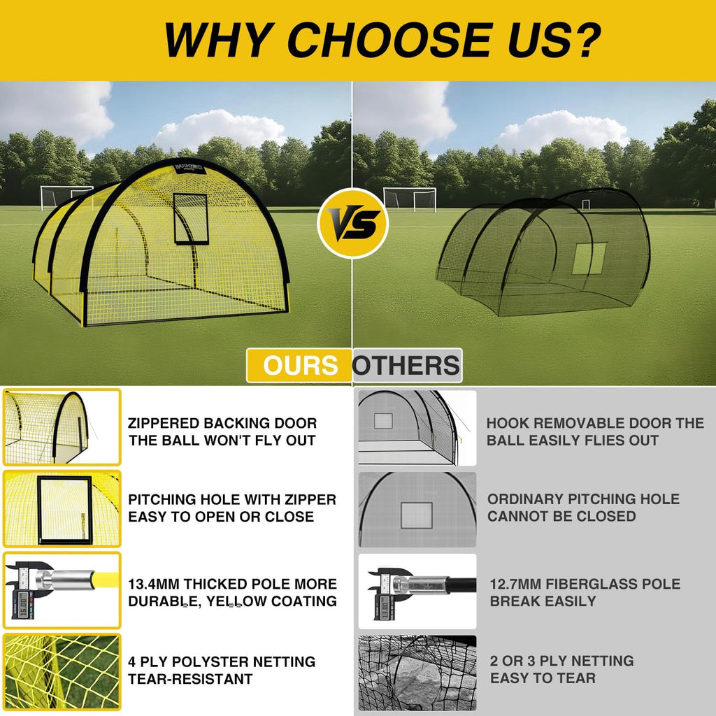 Upgraded 22ft x 12ft x 8ft Baseball & Softball Batting Cage Net with Pitching Machine Hole, 4ply 1.25'' Anti-Tear Netting, 13.4MM Fibreglass Poles, Portable Carry Bag