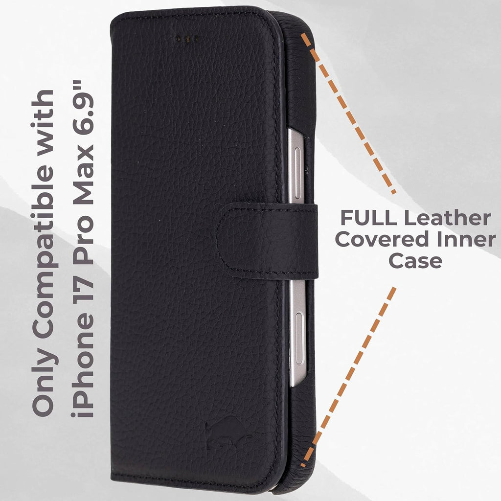 VENOULT Leather Wallet Case for iPhone 17 Pro Max, Full Grain Genuine Leather, Magnetic Detachable, 4 Card Holder, Buesiness Style, Compatible with MagSafe, RFID, Handmade (Pebble Black)