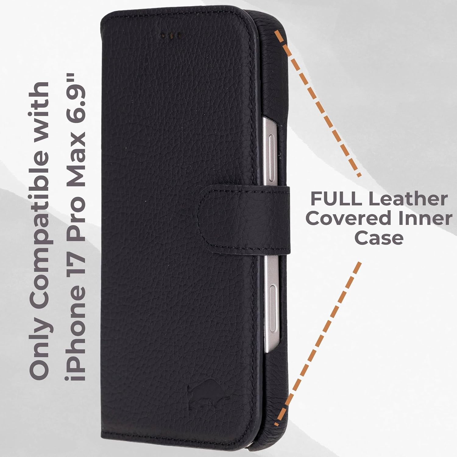 VENOULT Leather Wallet Case for iPhone 17 Pro Max, Full Grain Genuine Leather, Magnetic Detachable, 4 Card Holder, Buesiness Style, Compatible with MagSafe, RFID, Handmade (Pebble Black)