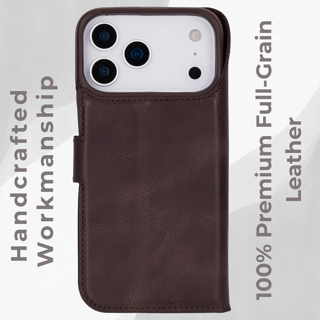VENOULT Leather Wallet Case for iPhone 17 Pro Max, Full Grain Genuine Leather, Magnetic Detachable, 4 Card Holder, Buesiness Style, Compatible with MagSafe, RFID, Handmade (Chcolate)