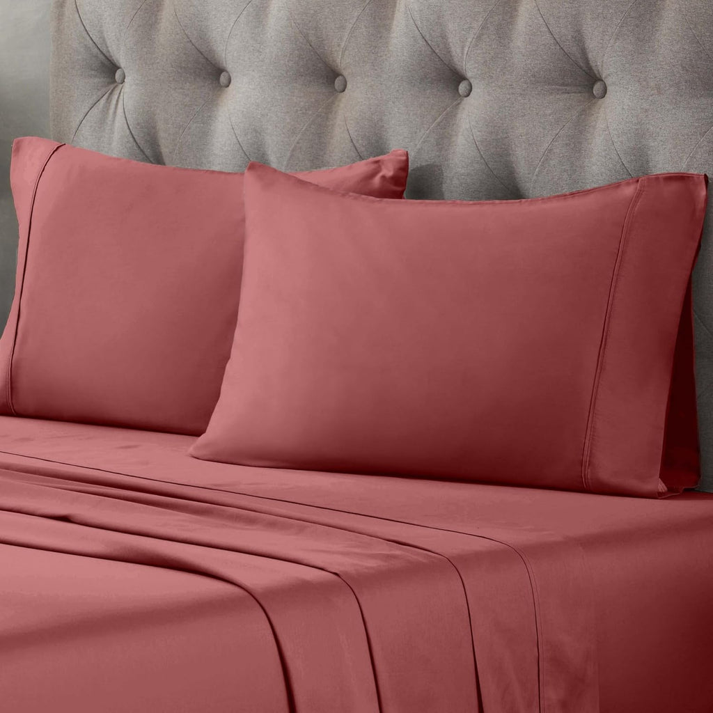 Superior Egyptian Cotton 400 Thread Count Bed Sheet Set, 2 Elastic Deep Pocket Fitted Sheets, 1 Flat Sheet, 2 Pillowcases, Soft Bedding, Luxury Sheets, Sateen Weave, Split King Size, Blush