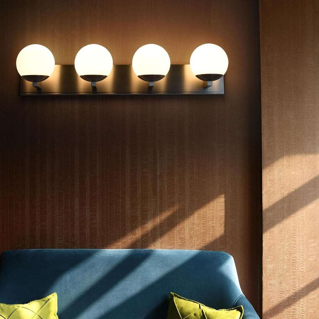 Bathroom Vanity Light Fixtures, 4-Light Globe Bathroom Lighting Fixtures Over Mirror, Modern Wall Lights for Living Room, Long Backplate, Standard E26 Base, Brushed Nickel