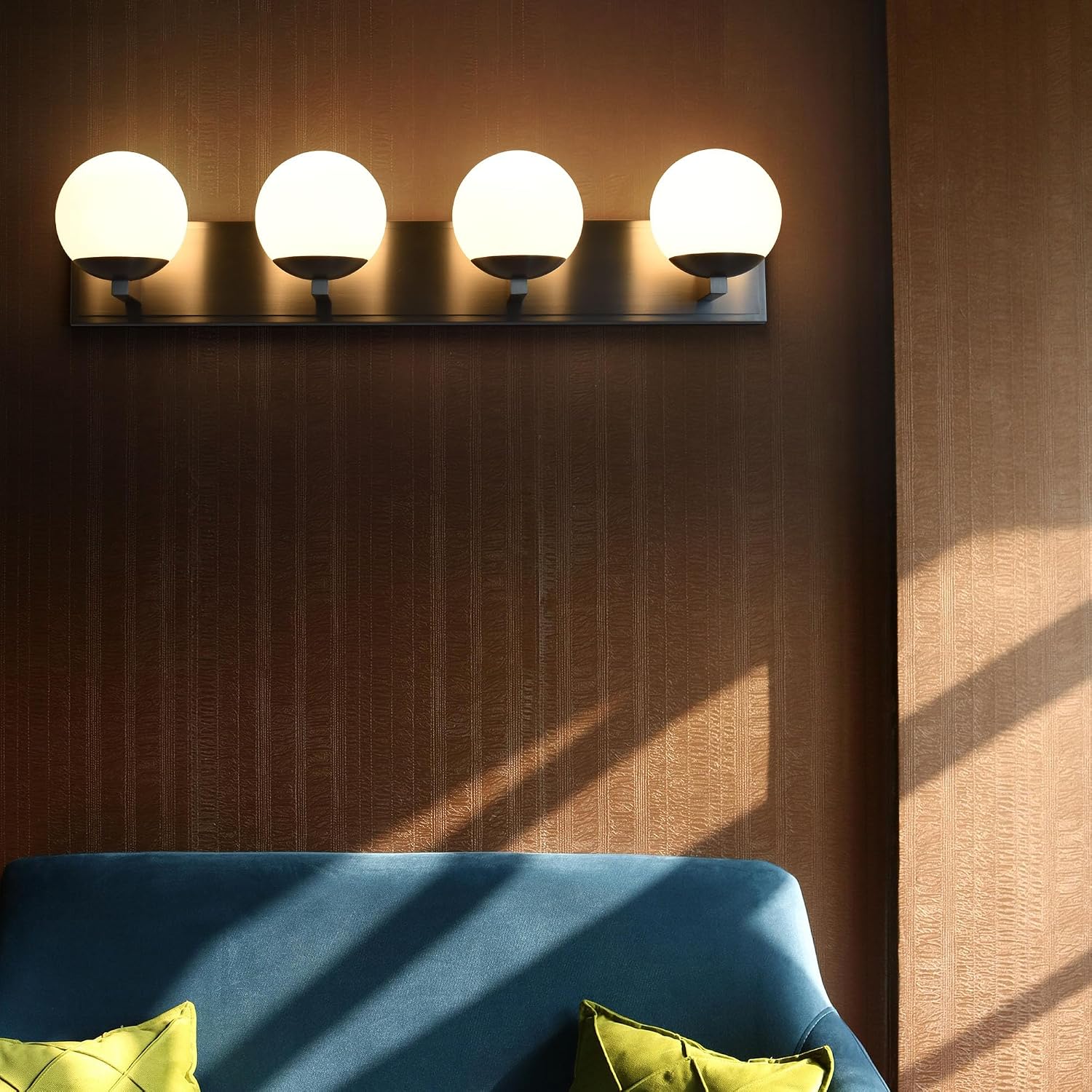 Bathroom Vanity Light Fixtures, 4-Light Globe Bathroom Lighting Fixtures Over Mirror, Modern Wall Lights for Living Room, Long Backplate, Standard E26 Base, Brushed Nickel