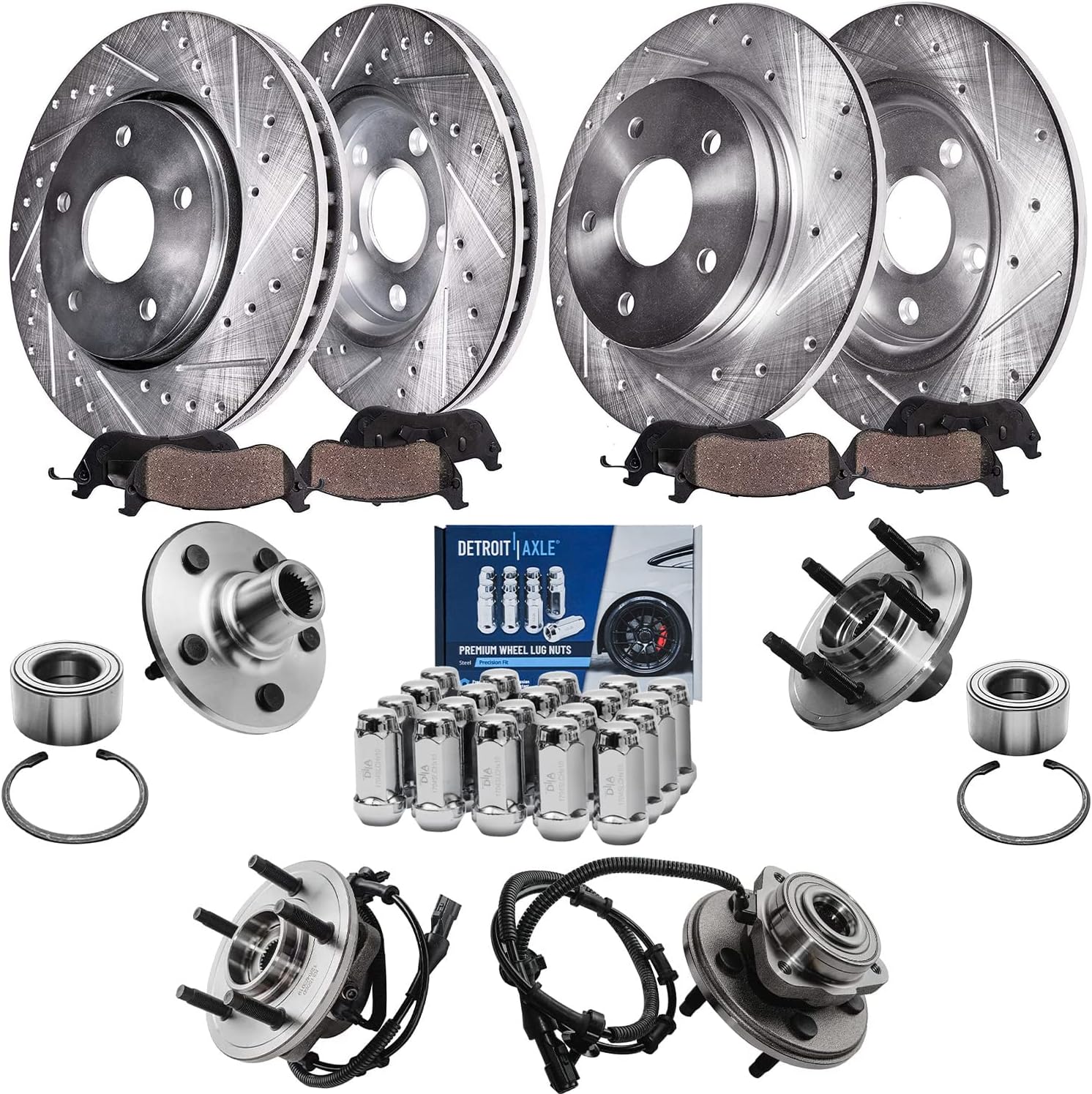 Detroit Axle - Wheel Bearing Hubs Brake Kit for 2002-2005 Ford Explorer Mercury Mountaineer, Drilled Slotted Brake Rotors Brake Pads Wheel Bearing Hubs Wheel Lug Nuts Front Rear 2003 2004 Replacement