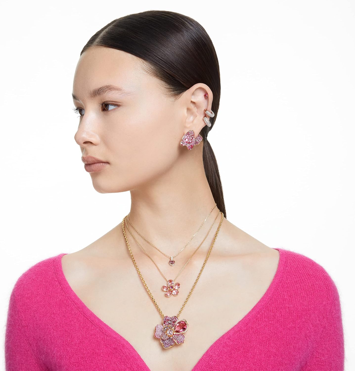 Swarovski Florere Necklace and Earrings Collection, Pink Crystals, Yellow Crystals, Gold Tone Metal Finish
