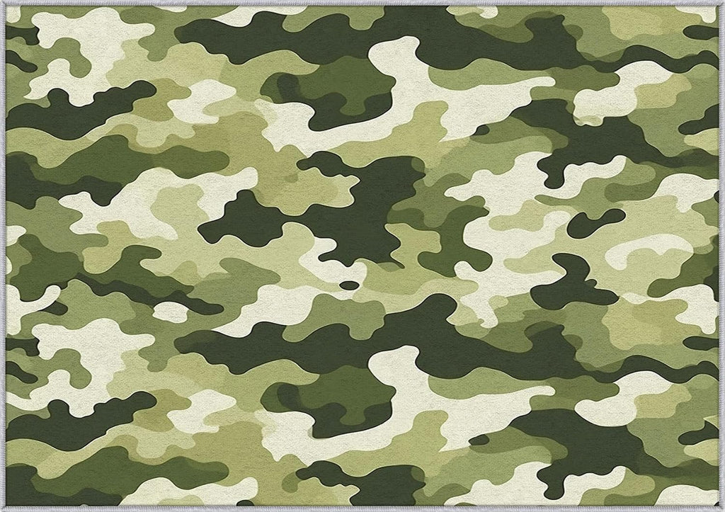 Army Green Camo Rug 8x12 for Bedroom, Camouflage Patterned Living Room Area Rug, Green Camo Kids Boys Girls Room Decor, Washable Soft Thin Carpet with Non Slip Backing, 8 x 12 ft - Lu11722