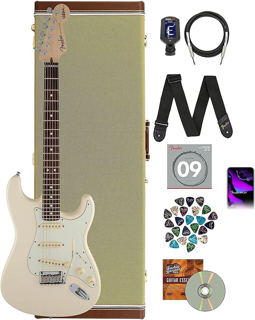 Fender Jeff Beck Stratocaster Olympic White Bundle with Premium Tweed Case, Instrument Cable, Tuner, Guitar Strap, Extra Strings, 24-Pack of Picks, and Austin Bazaar DVD