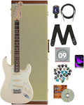 Fender Jeff Beck Stratocaster Olympic White Bundle with Premium Tweed Case, Instrument Cable, Tuner, Guitar Strap, Extra Strings, 24-Pack of Picks, and Austin Bazaar DVD