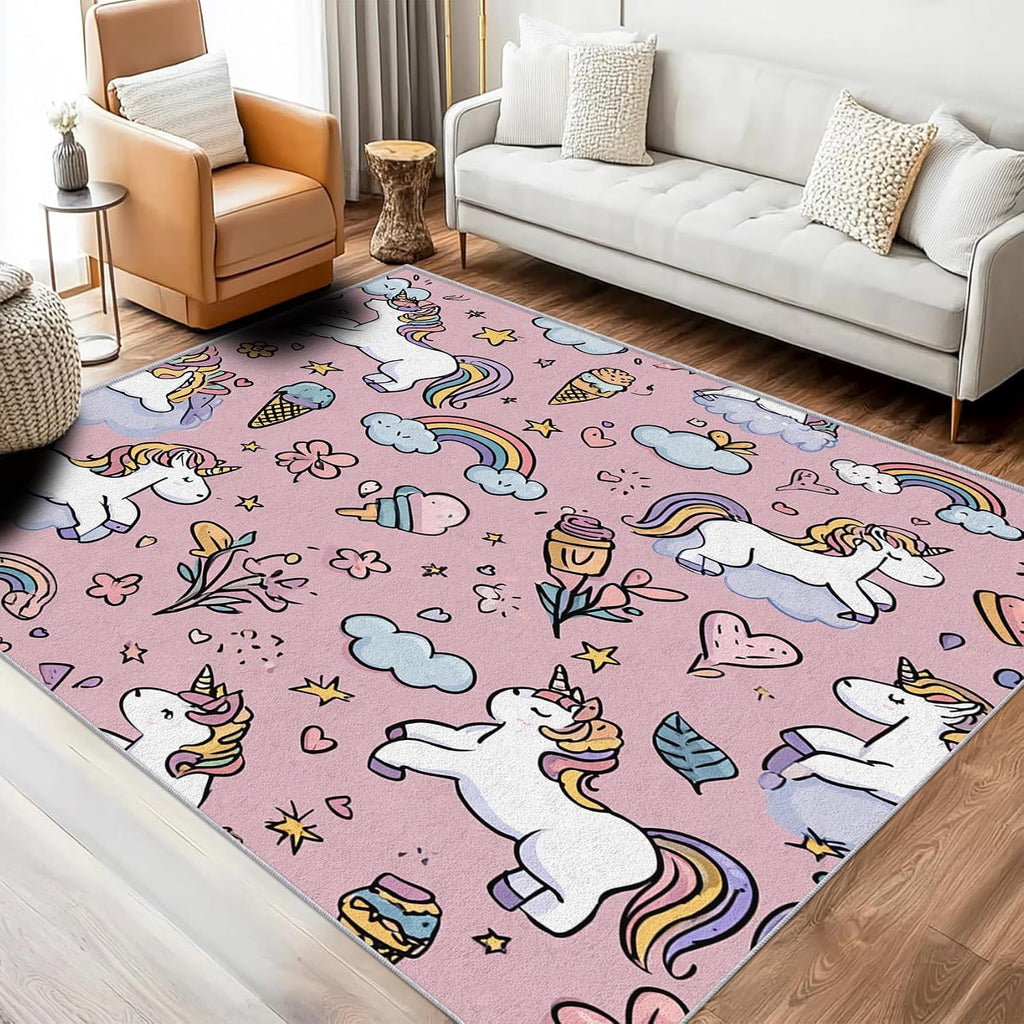 Unicorn Rug 8x12 for Bedroom, Kawaii Ice Cream Rainbow Patterned Living Room Area Rug, Unicorn Kids Boys Girls Room Decor, Washable Soft Thin Carpet with Non Slip Backing, 8 x 12 ft - Lu11694