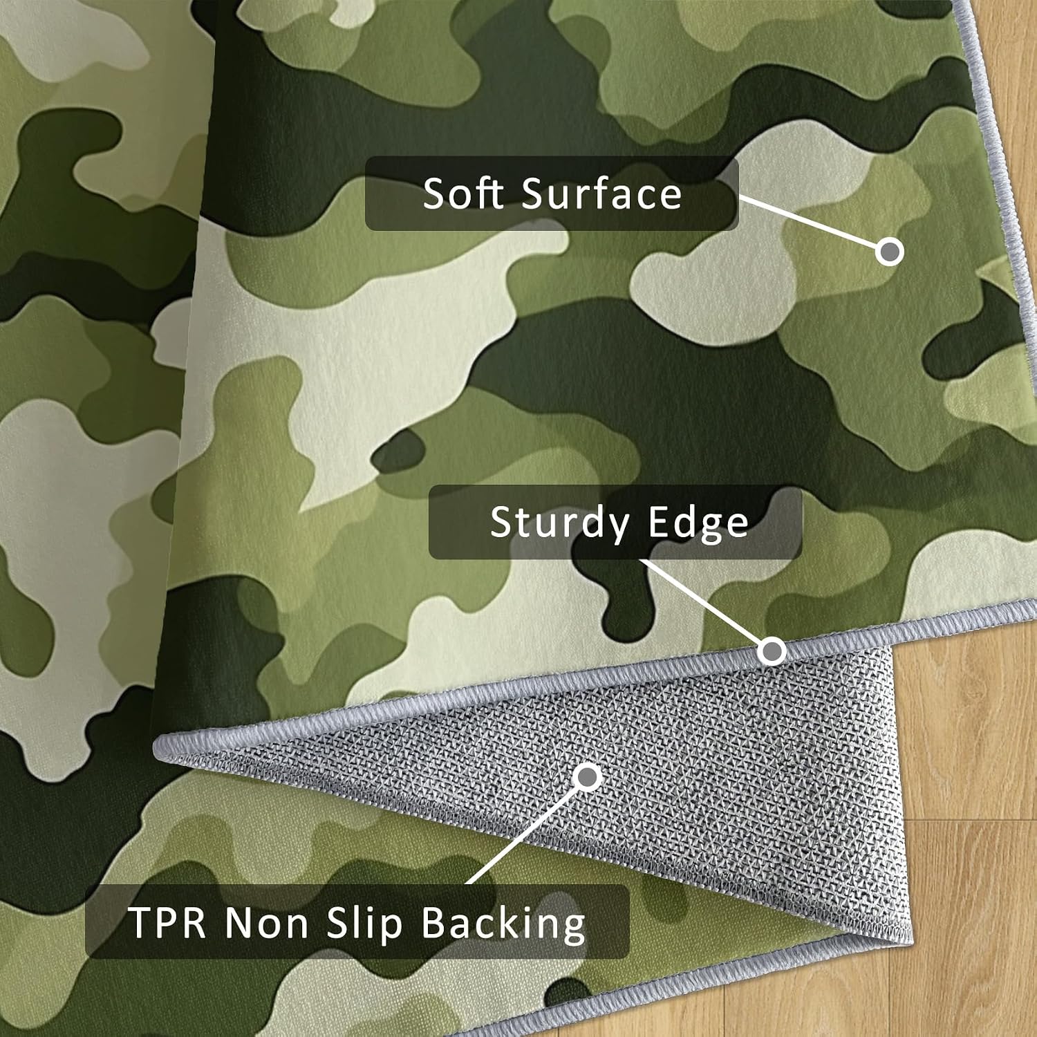 Army Green Camo Rug 8x12 for Bedroom, Camouflage Patterned Living Room Area Rug, Green Camo Kids Boys Girls Room Decor, Washable Soft Thin Carpet with Non Slip Backing, 8 x 12 ft - Lu11722