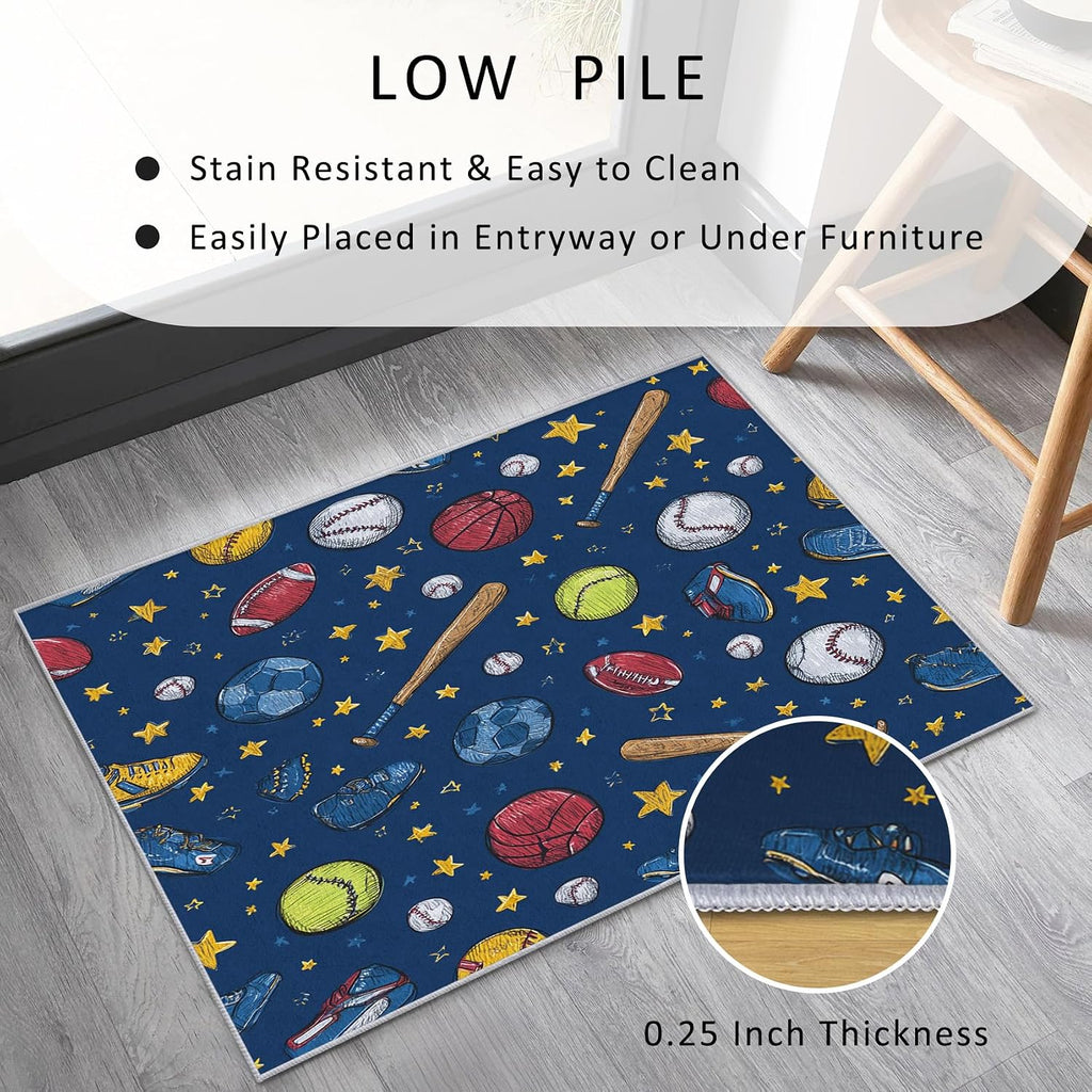 Sports Ball Rug 8x12 for Bedroom, Soccer Basketball Patterned Living Room Area Rug, Sports Ball Kids Boys Girls Room Decor, Washable Soft Thin Carpet with Non Slip Backing, 8 x 12 ft - Lu11428
