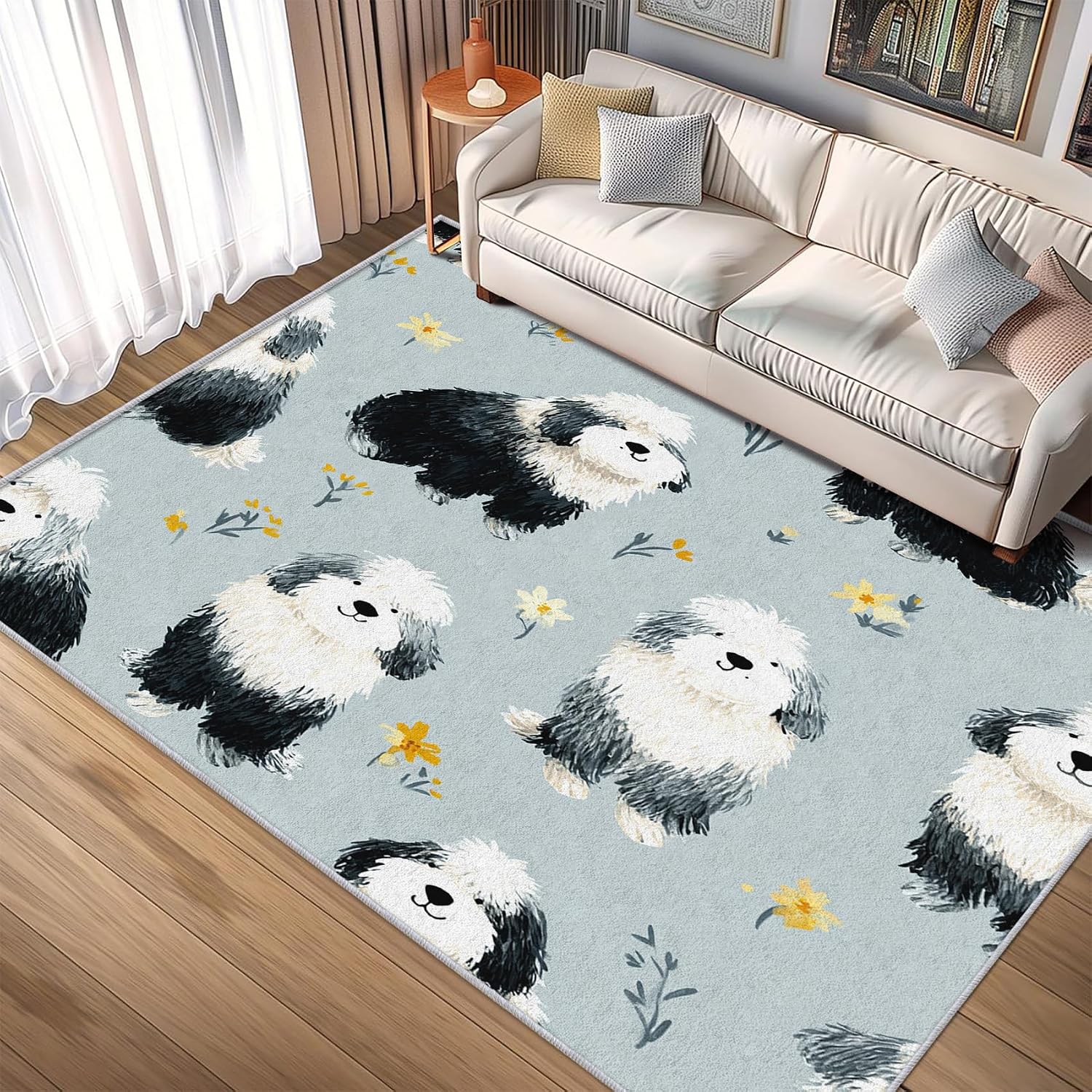 Cute Dog Rug 8x12 for Bedroom, Cartoon Pet Puppy Patterned Living Room Area Rug, Cute Dog Kids Boys Girls Room Decor, Washable Soft Thin Carpet with Non Slip Backing, 8 x 12 ft - Lu11344