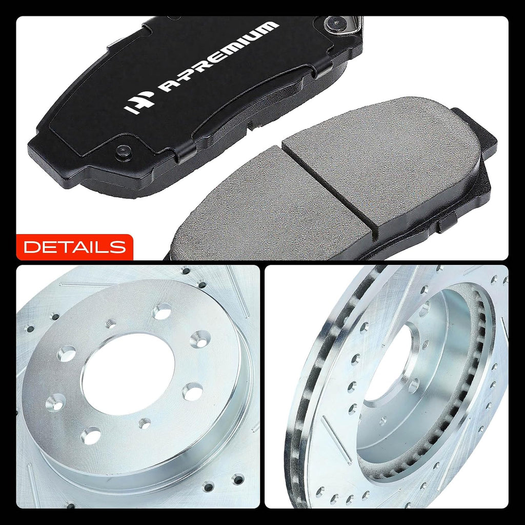 A-Premium 10.32 inch(262 mm) Front Drilled and Slotted Disc Brake Rotors + Ceramic Pads Kit Compatible with Select Acura and Honda Models - Integra 1994-2001, Civic 1993 1994 1995, 6-PC Set