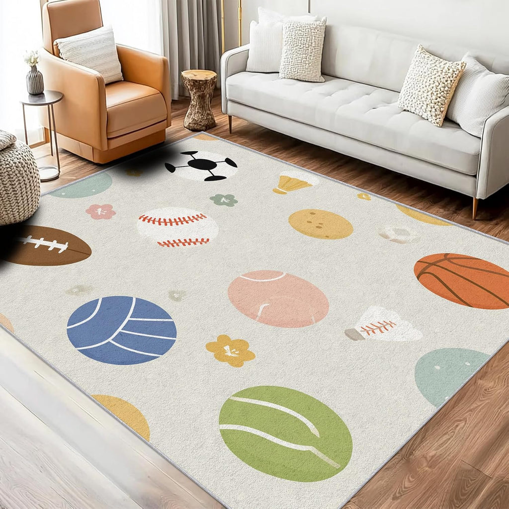 Sport Rug 6x8 for Bedroom, Basketball Soccer Baseball Patterned Living Room Area Rug, Sport Kids Boys Girls Room Decor, Washable Soft Thin Carpet with Non Slip Backing, 6 x 8 ft - Lu11493