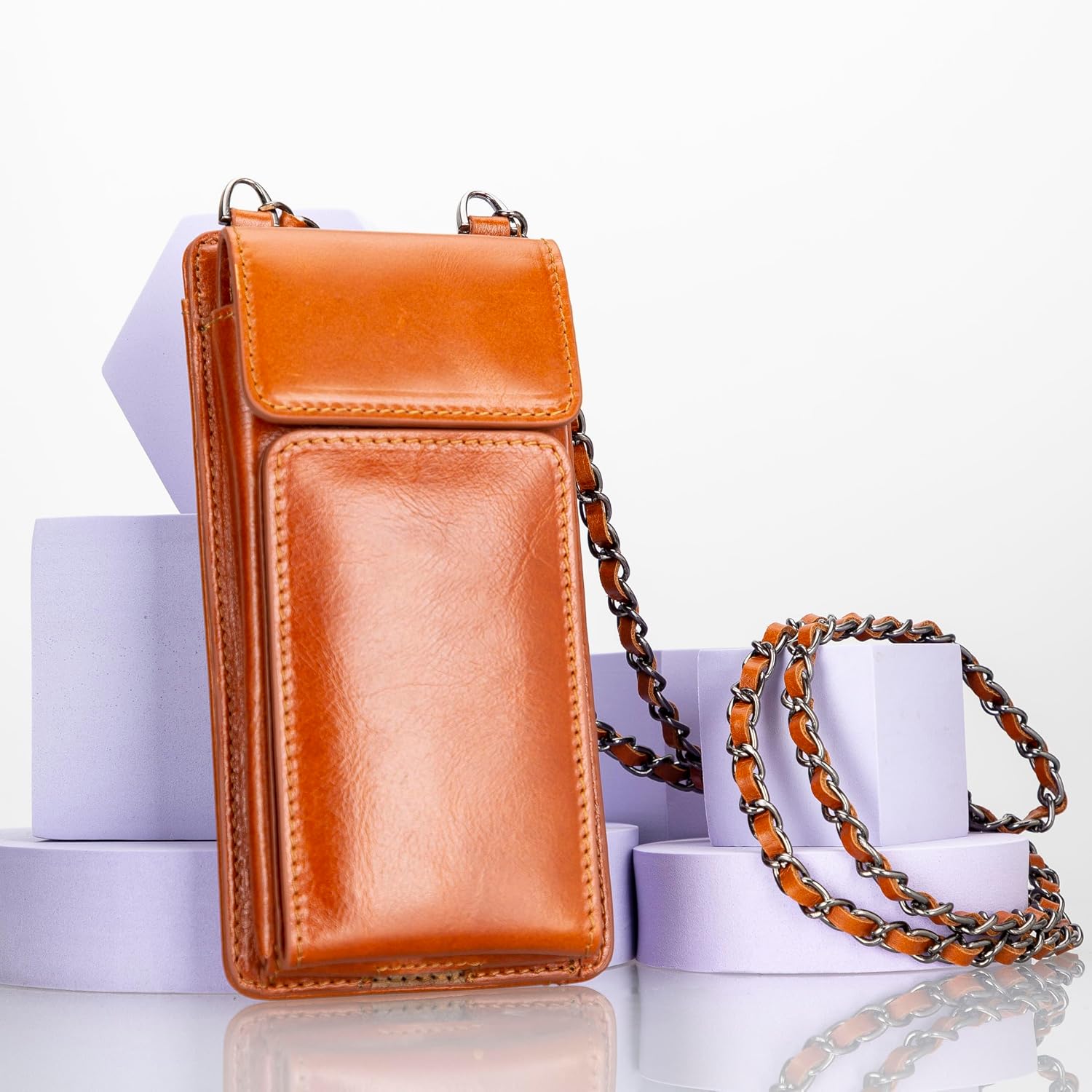 Crossbody Women Wallet fits iPhone 16 Pro MAX / 17 Pro MAX and All Mobile Devices up to 6.9' - Zippered Women Purse, Shoulder Bag with Card Holder, Pocket & Chain Strap, Trendy (Chestnut)