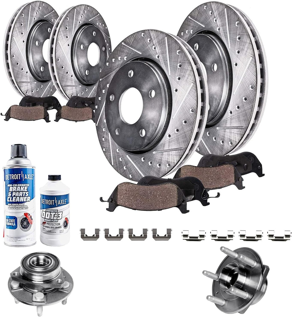 Detroit Axle - Brake Kit for 2008-2014 Cadillac CTS, Front Rear Drilled and Slotted Disc Brake Rotors Ceramic Brakes Pads Front Wheel Bearing Hubs : 12.44' inch Front, 12.40' inch Rear Rotors