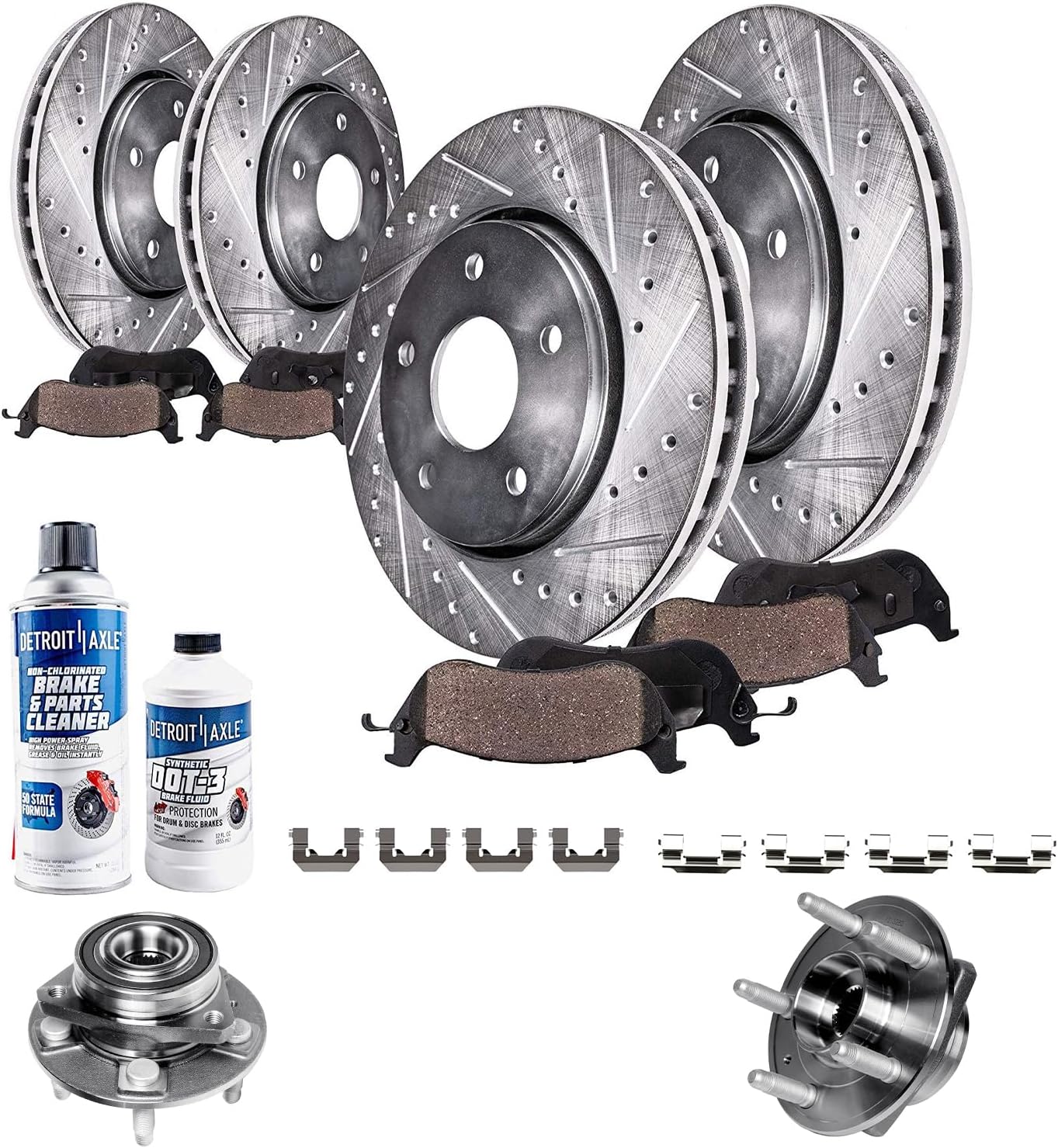 Detroit Axle - Brake Kit for 2008-2014 Cadillac CTS, Front Rear Drilled and Slotted Disc Brake Rotors Ceramic Brakes Pads Front Wheel Bearing Hubs : 12.44' inch Front, 12.40' inch Rear Rotors