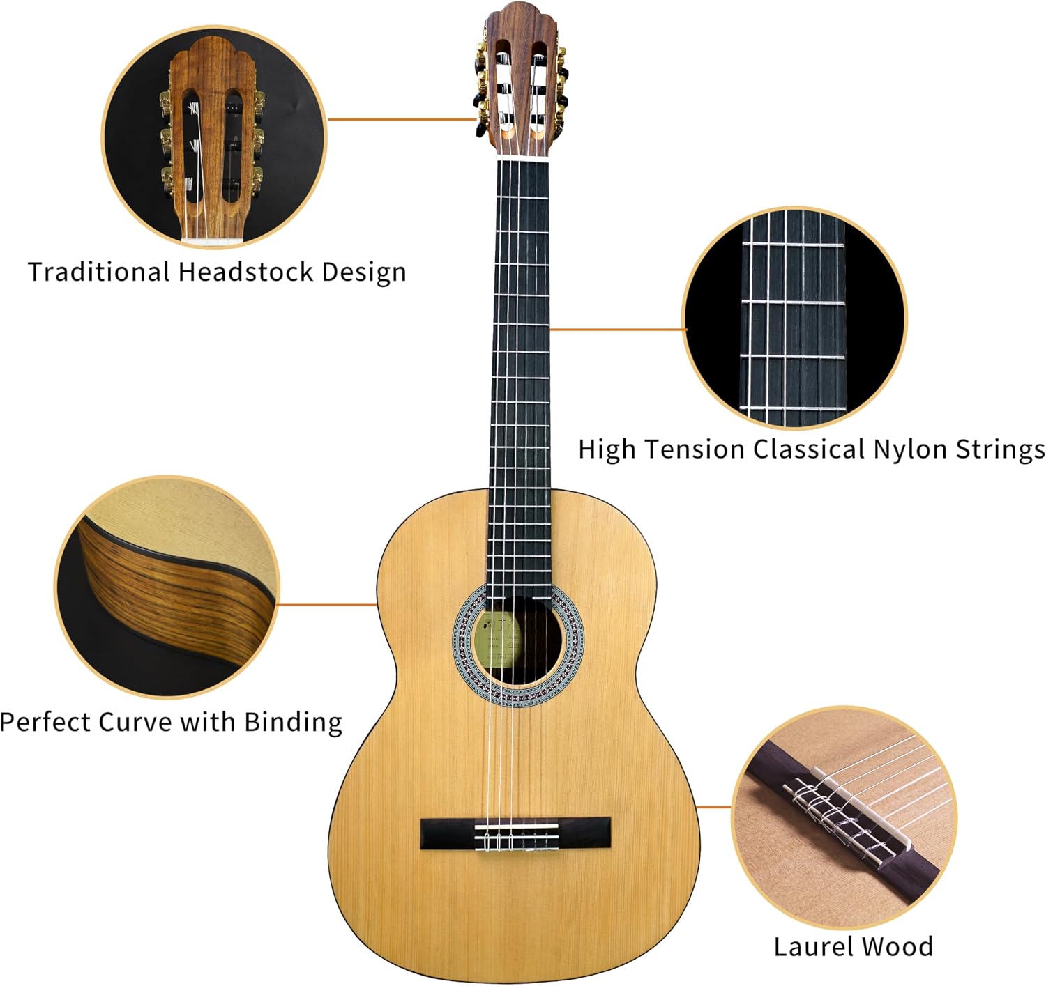 TARIO 39 Inch Classical Guitar Full Size Acoustic Guitar Spruce top Ovangkol back and sides Okoume neck laurel fingerboard