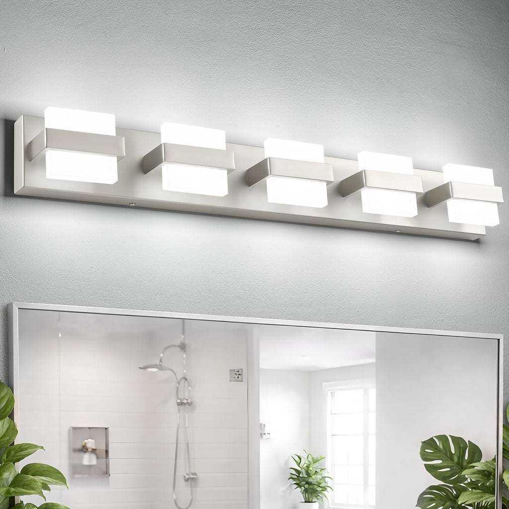 SOLFART 5-Light Bathroom Vanity Lights Over Mirror,Brushed-Nickel LED Modern Vanity Lights for Bathroom, Dimmable