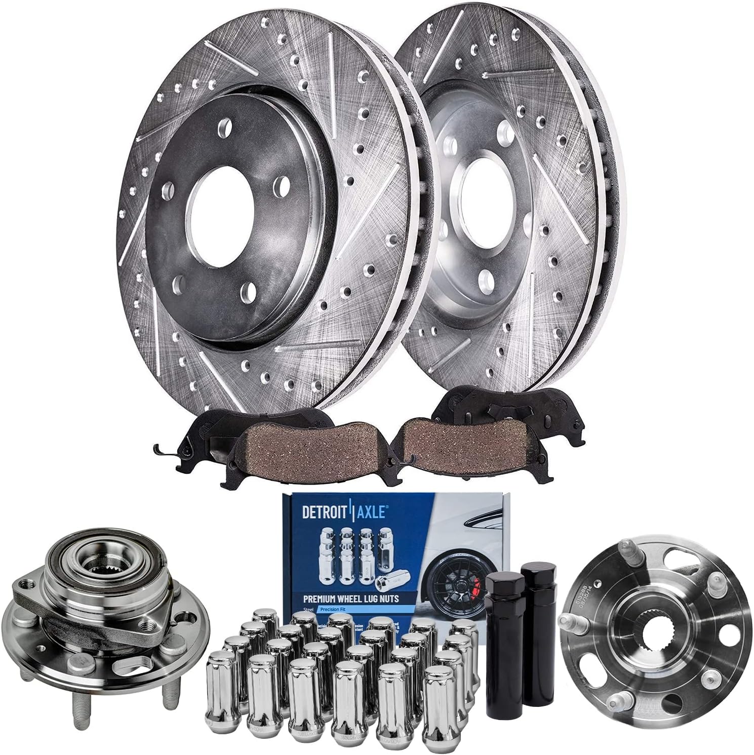 Detroit Axle - Rear Wheel Bearing Hubs Brake Kit for Chevy Malibu Impala Buick LaCrosse Regal Allure Cadillac XTS, Wheel Bearing Hubs Brake Rotors Brake Pads Lug Nuts Socket Keys Replacement