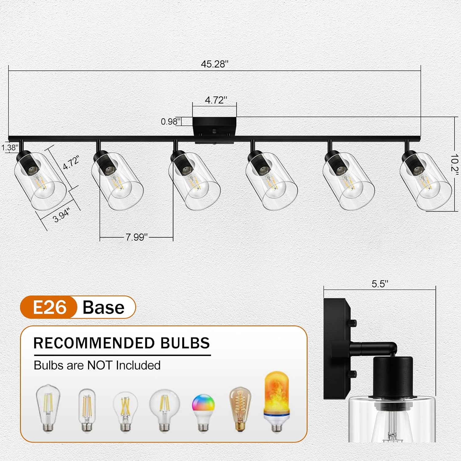 Track Lighting Fixtures Ceiling, 6-Light Track Light with Clear Glass Shade, 45' Modern Kitchen Lighting Ceiling with Rotatable Track Head, Black Wall Light for Vanity Hallway Bedroom(E26, No Bulb)
