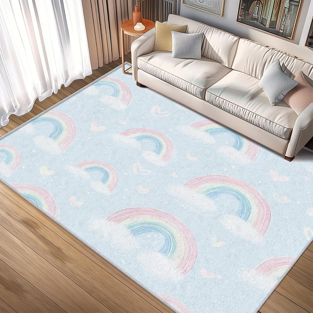 Rainbow Rug 8x12 for Bedroom, Cute Cartoon Heart Patterned Living Room Area Rug, Rainbow Kids Boys Girls Room Decor, Washable Soft Thin Carpet with Non Slip Backing, 8 x 12 ft - Lu11554