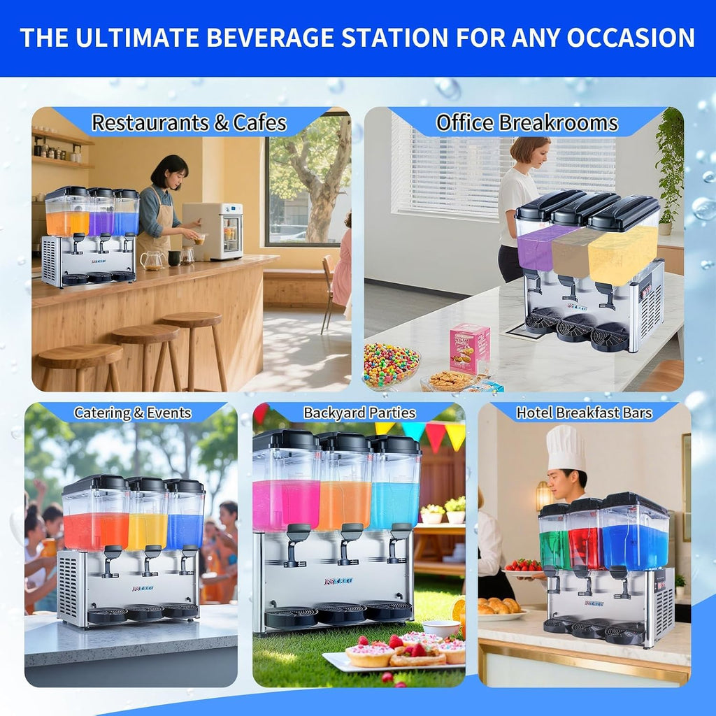 Commercial Beverage Dispenser 54L 14.3 Gal Triple Tank Refrigerated Drink Machine 400W Stainless Steel Cold Juice Dispenser with LED Lighting and 360 Degree Stirrer 110V