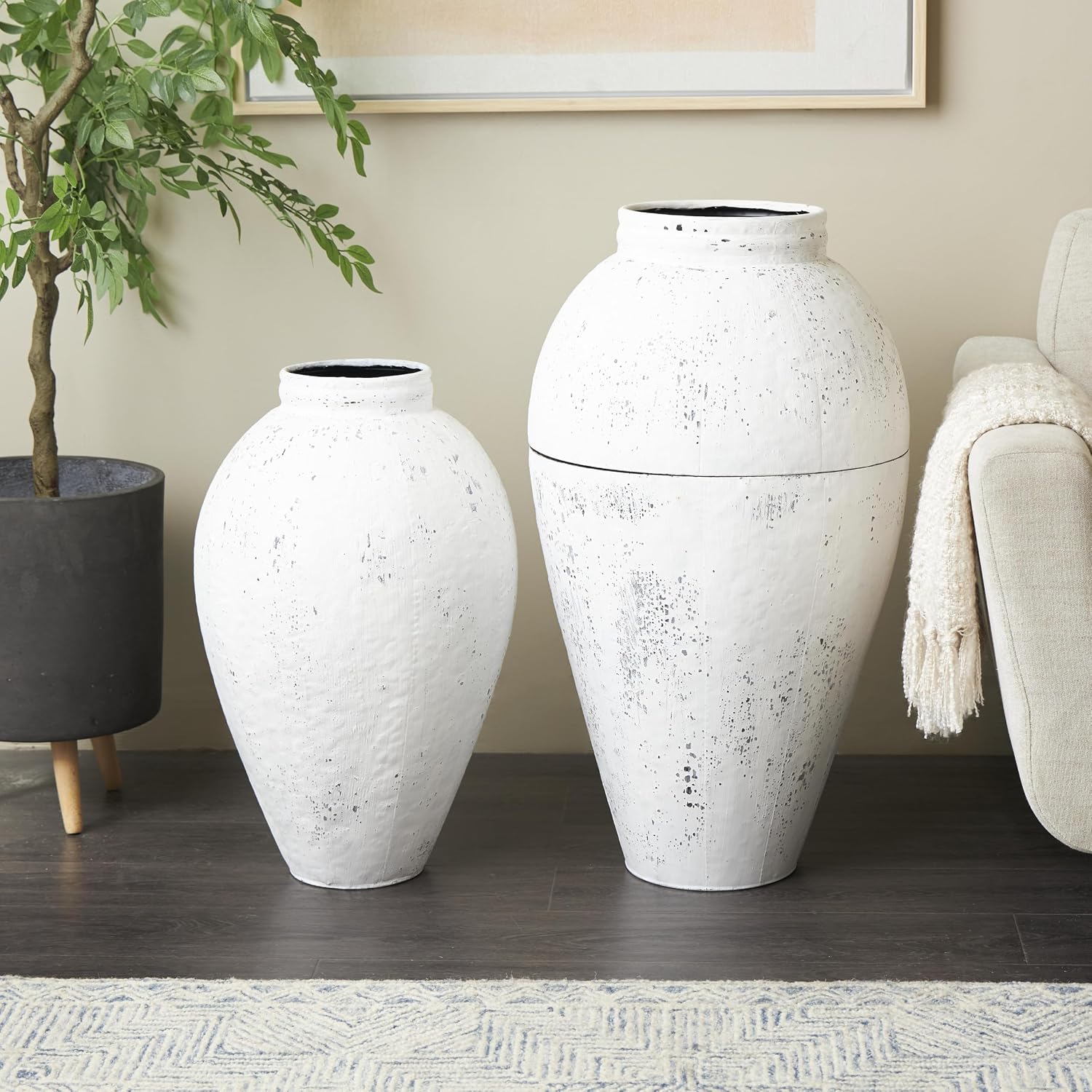 Deco 79 Metal Decorative Vase Tall Distressed Pot Floor Centerpiece Vases, Set of 2 Flower Vases for Home Decoration 31', 24' H, White