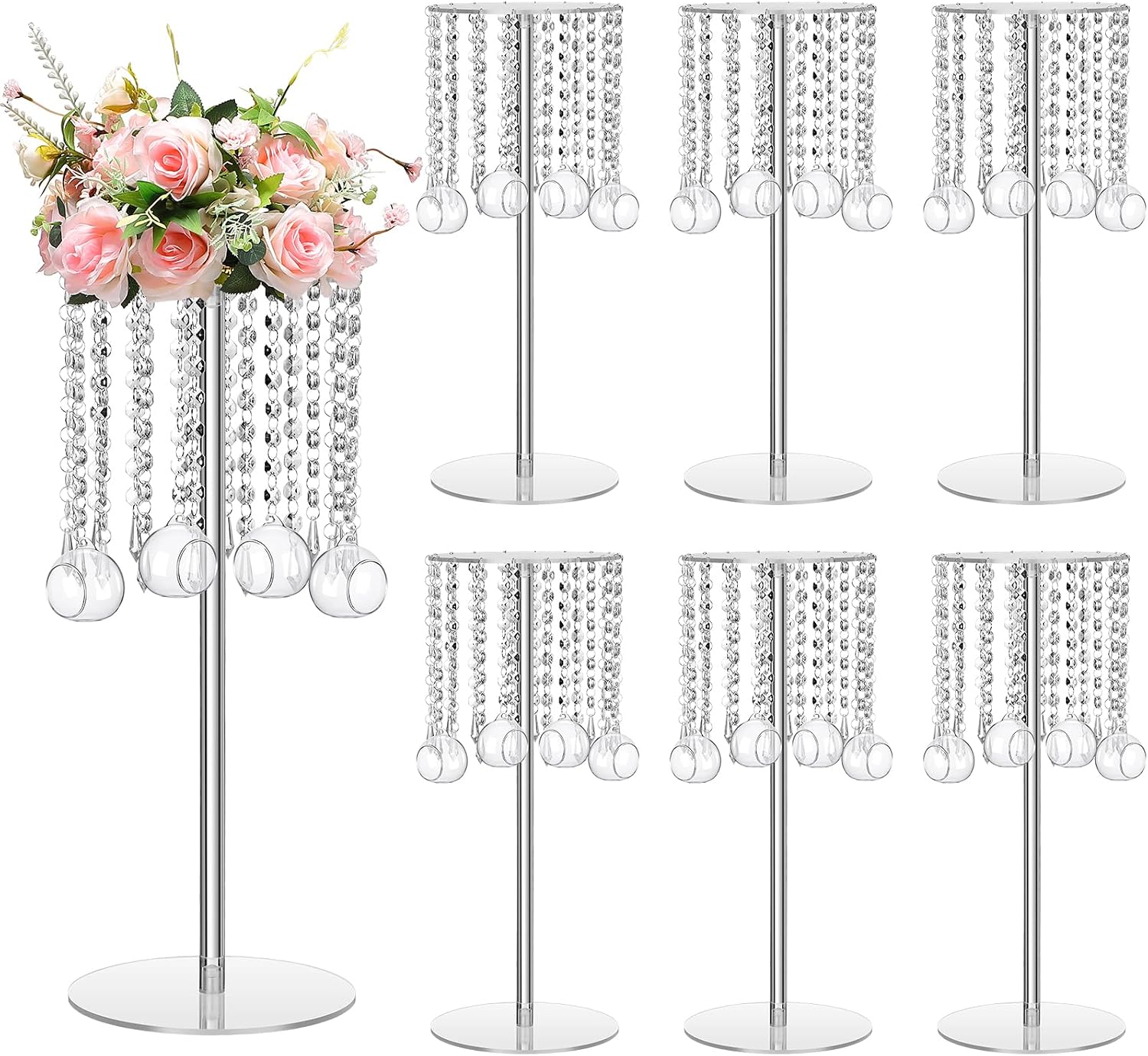 Yerliker 6 Sets 19.69 Inch Acrylic Wedding Centerpiece Flower Stand with Hanging Glass Tealight Globe Candle Holders Crystal Tall Flowers Vase for Birthday Wedding Party Table Decoration