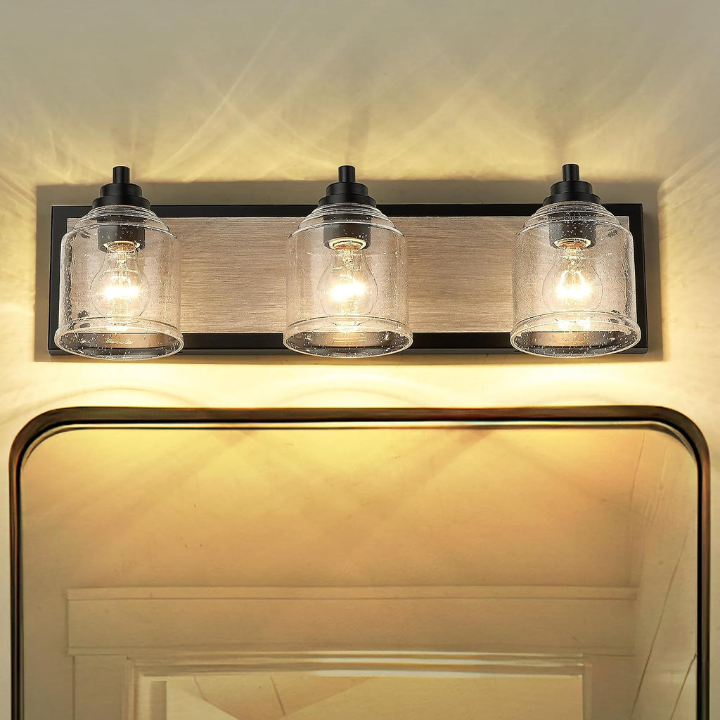 3-Light Bathroom Vanity Light Large 23', Vanity Lights for Bathroom, Farmhouse Rustic Gray Bathroom Light Fixtures Over Mirror with Bubble Glass Shades, Hand-Painted Wood-Look Metal Backplate