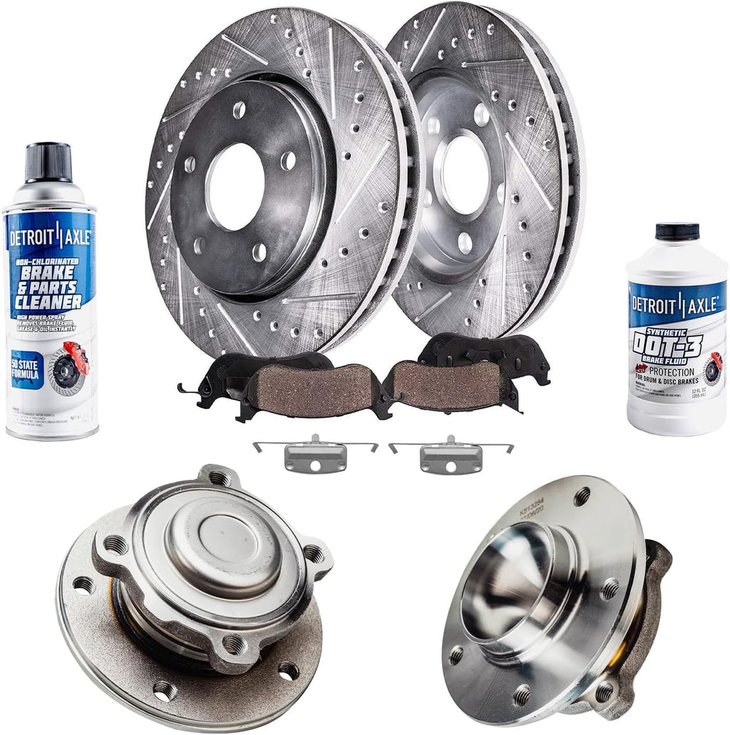 Detroit Axle - Front Wheel Bearing Hubs Brake Kit for 2009-2011 BMW 335d, 2007-2013 335i, 2011-2013 335is, Drilled & Slotted Brake Rotors Ceramic Brakes Pads Wheel Bearing Hubs Assembly Replacement