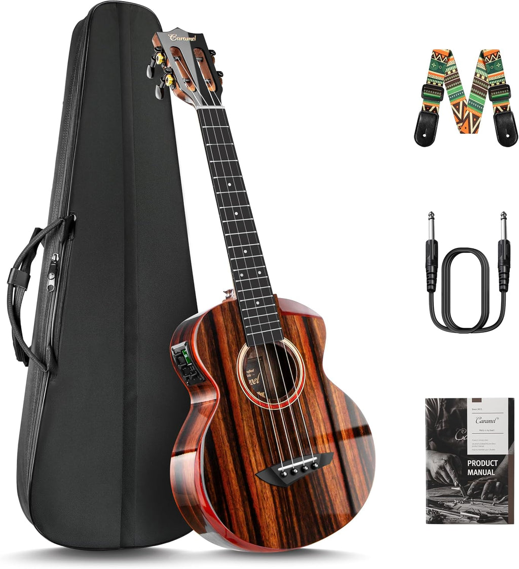 Caramel TEG91 Cutaway Ebony Glossy Tenor Acoustic & Electric Ukulele with Armrest | 26-inch Handmade Professional Ukelele Kit with Accessories