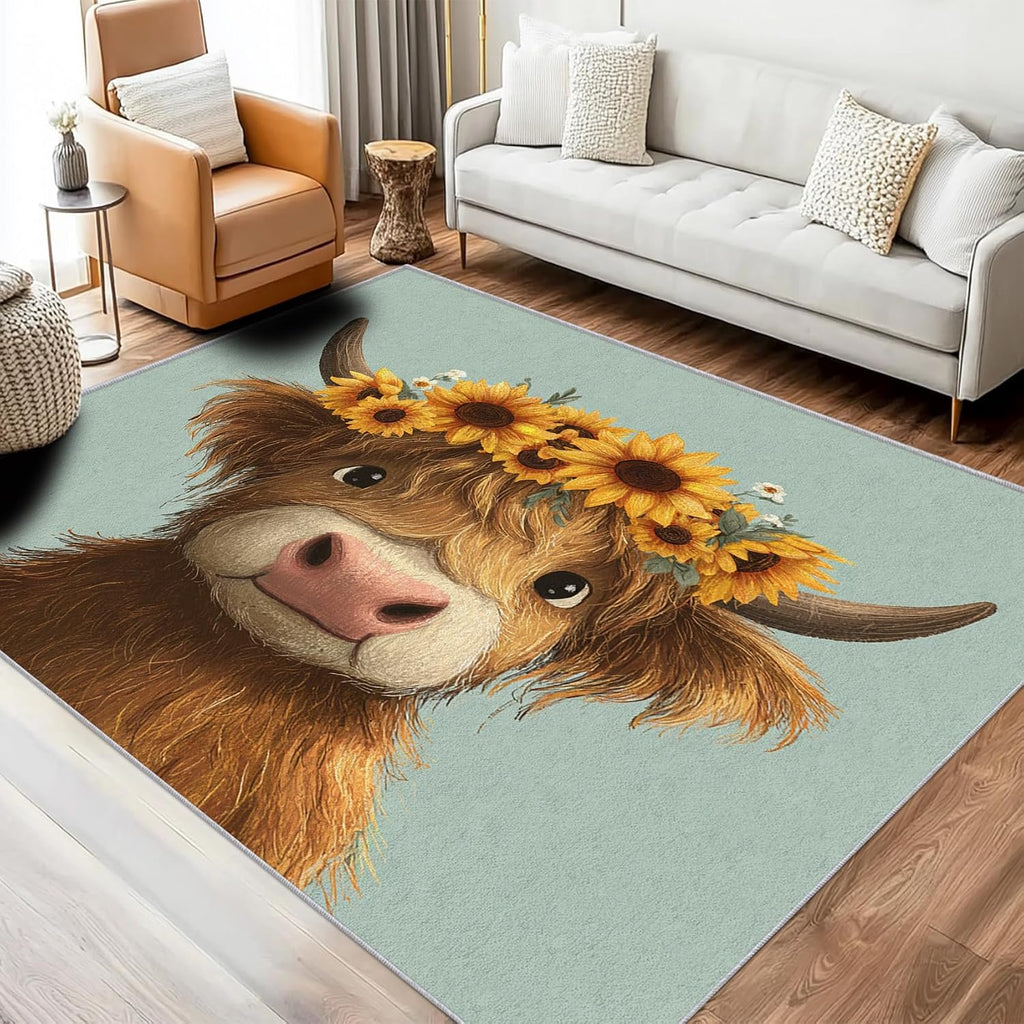 Highland Cow Rug 8x12 for Bedroom, Cute Cattle Patterned Living Room Area Rug, Highland Cow Kids Boys Girls Room Decor, Washable Soft Thin Carpet with Non Slip Backing, 8 x 12 ft - Lu11666