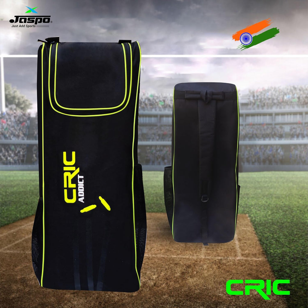 jaspo Cric-Addict Legender Cricket Set for Kids, Kit with legguards,Gloves,Bag,Ball,4stumps,2stands,2bails & a Strong Plastic bat for Initial Training, for Boys Girls(Size-5) up to 12 Years