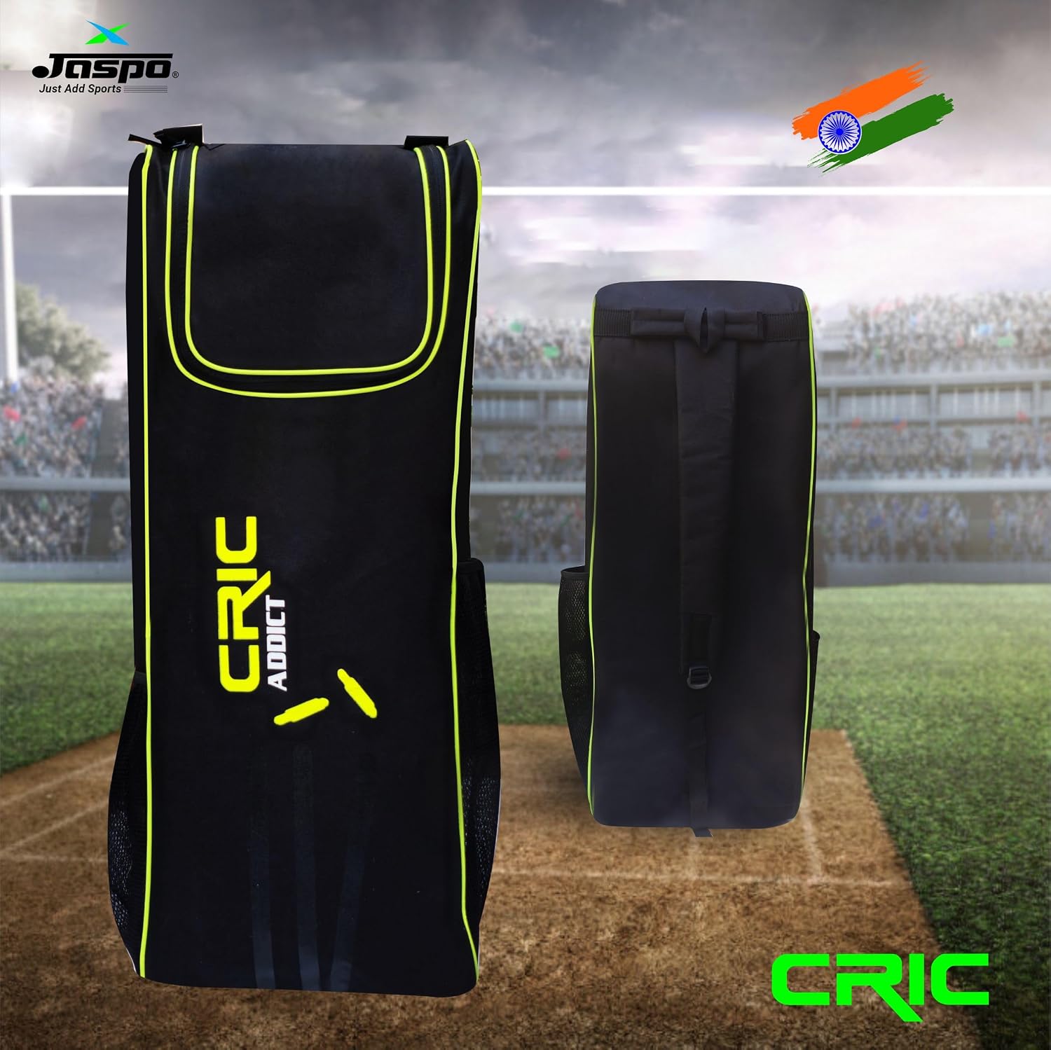 jaspo Cric-Addict Legender Cricket Set for Kids, Kit with legguards,Gloves,Bag,Ball,4stumps,2stands,2bails & a Strong Plastic bat for Initial Training, for Boys Girls(Size-5) up to 12 Years