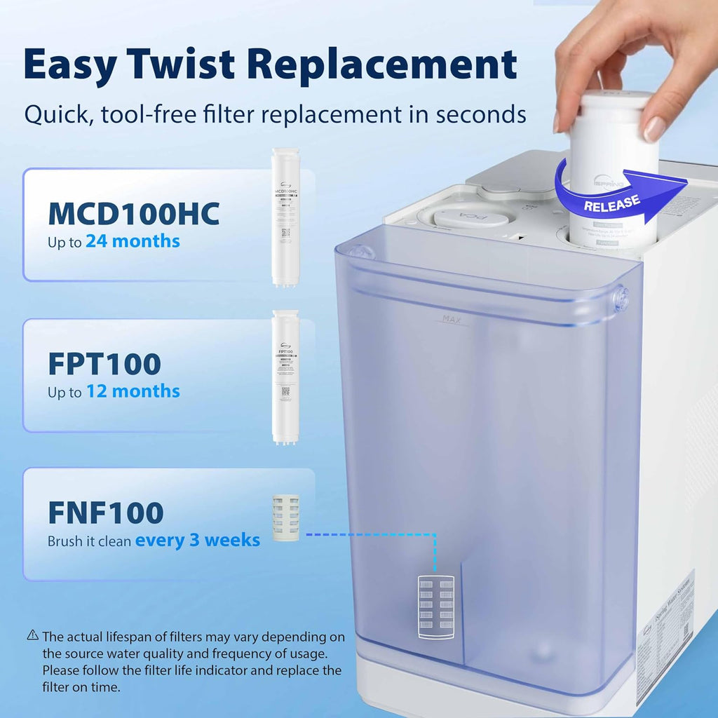 iSpring RCD100-THCW Hot & Cold Countertop Reverse Osmosis System, White, RO Water Filter Dispenser, 9 Temperature Options from 50–210°F & 6 Dispensing Volumes, TDS & Filter Life Monitor