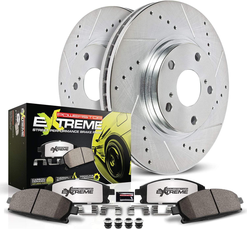 PowerStop Front Brake Kit for Ford Mustang 2005-10 - Carbon-Fiber Ceramic Z26 Brake Pads + Drilled & Slotted Rotors Upgrade, K1380-26