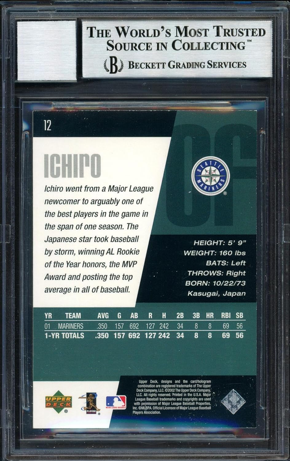 Ichiro Suzuki Autographed 2002 Upper Deck Diamond Collection Card #12 Seattle Mariners Auto Grade 10 Beckett BAS #12491046 - Baseball Slabbed Autographed Cards