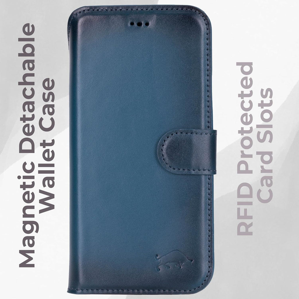 VENOULT Leather Wallet Case for iPhone 17 Pro Max, Full Grain Genuine Leather, Magnetic Detachable, 4 Card Holder, Buesiness Style, Compatible with MagSafe, RFID, Handmade (Admiral Blue)