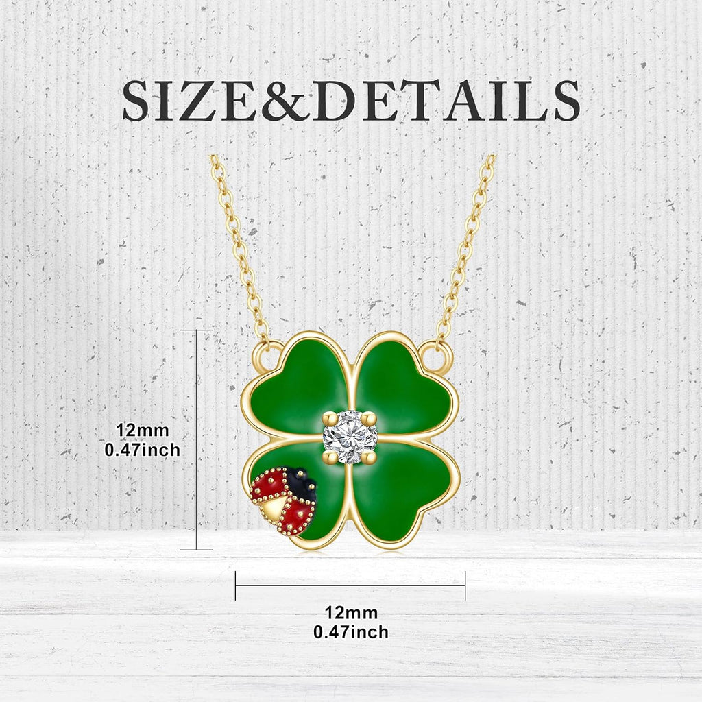 Aihpos Four Leaf Clover Necklace for Women 14K Solid Gold Green Lucky 4 Leaf Clover Necklace Ladybug Necklace