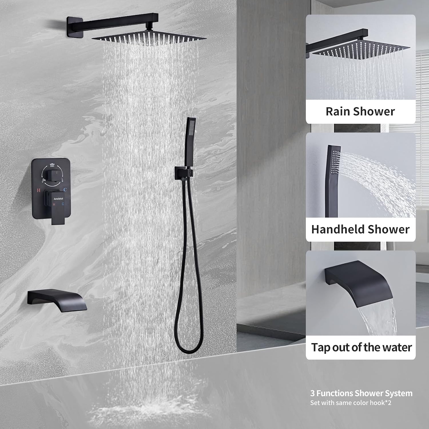 10' Matte Black Shower Faucet Set – Square Rainfall Showerhead + Handheld & Waterfall Spout, Wall-Mounted, Anti‑Clog Silicone – Modern Bathroom Hardware