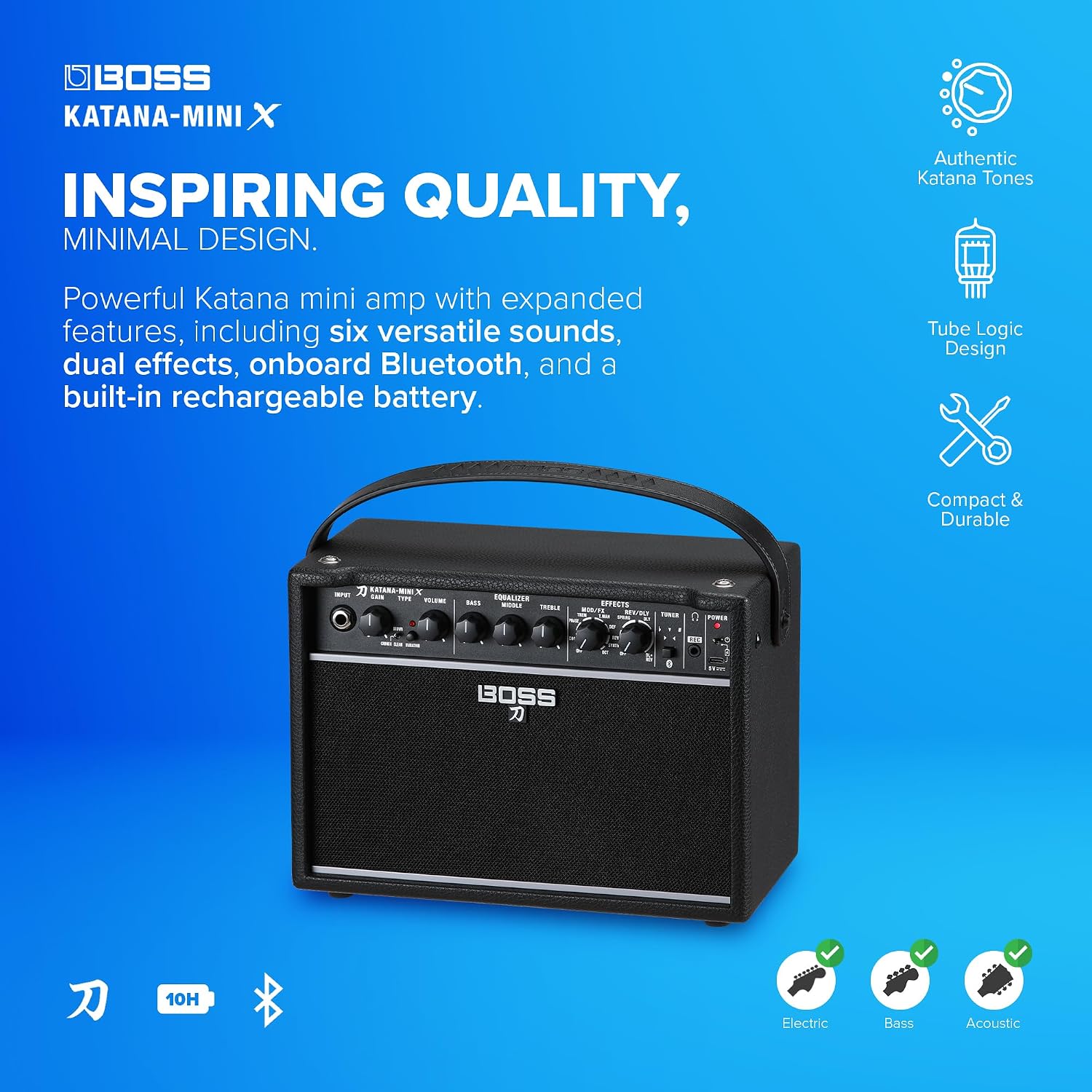BOSS Katana-Mini X | Powerful 10-Watt Mini Amplifier for Electric, Acoustic & Bass | Tube Logic Design | Custom 5' Speaker | Versatile Sounds & Dual Effects | Bluetooth | Built-in Rechargeable Battery
