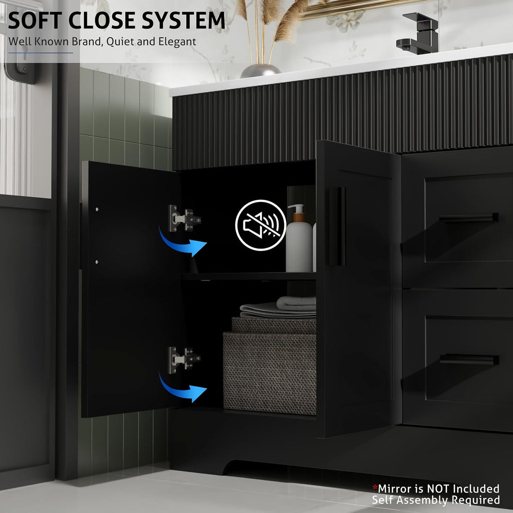 eclife 36' Bathroom Vanities Sink Combo with Painted Surface, Modern Drawered Cabinet W/Decorative Wave Lines, Undermount Single White Sink, Matte Black Faucet Drain, Black