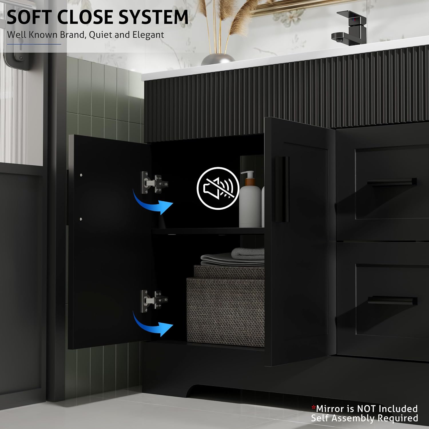 eclife 36' Bathroom Vanities Sink Combo with Painted Surface, Modern Drawered Cabinet W/Decorative Wave Lines, Undermount Single White Sink, Matte Black Faucet Drain, Black