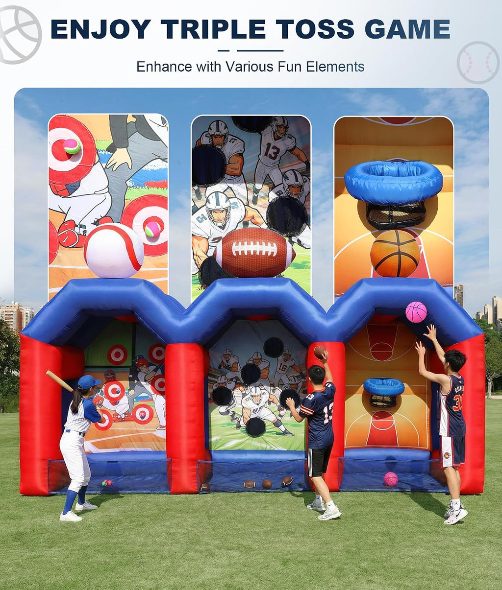 Inflatable Carnival Games with 12 Balls - Baseball, Football & Basketball Toss Throwing Target with 750W Blower, Easy Setup for Indoor/Outdoor Commercial, Birthday Parties, and Lawn Interactive Game