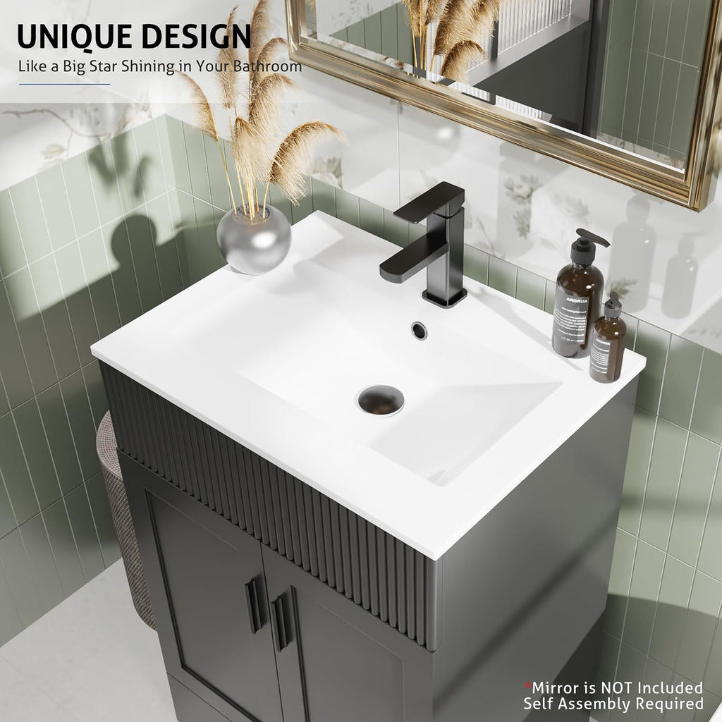 eclife 24' Bathroom Vanities Sink Combo with Painted Surface, Modern Drawered Cabinet W/Decorative Wave Lines, Undermount Single White Sink, Matte Black Faucet Drain, Black