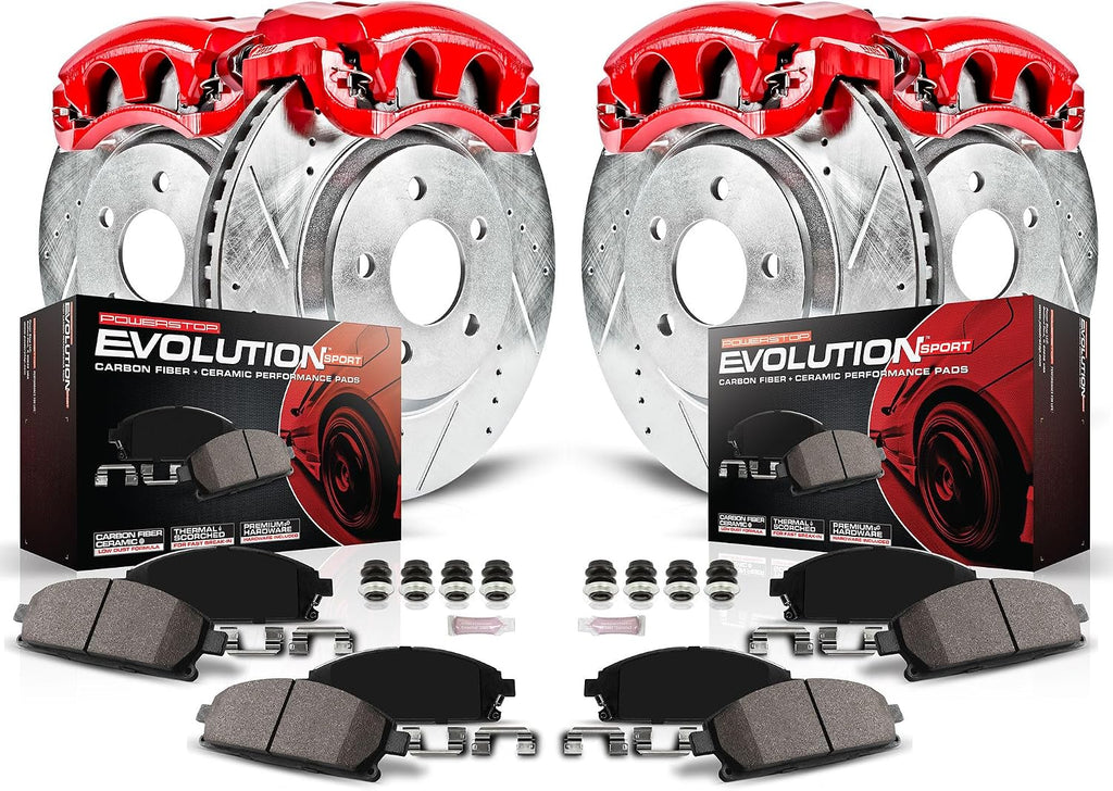 PowerStop Front and Rear Brake Kit for Cadillac Escalade 2008-14 |Escalade ESV 2008-14 - Carbon-Fiber Ceramic Brake Pads + Drilled & Slotted Rotors + Red Powder Coated Calipers, KC2070